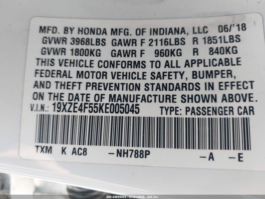 2019 Honda Insight Ex VIN: 19XZE4F55KE005045 Lot: 45695004