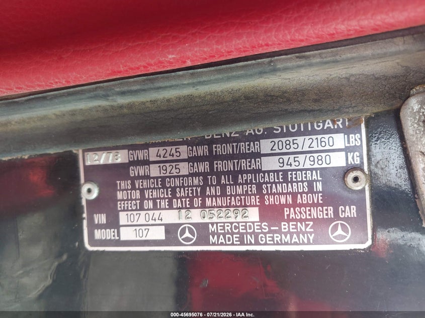 1979 Mercedes-Benz 450 VIN: 10704412052292 Lot: 45695076