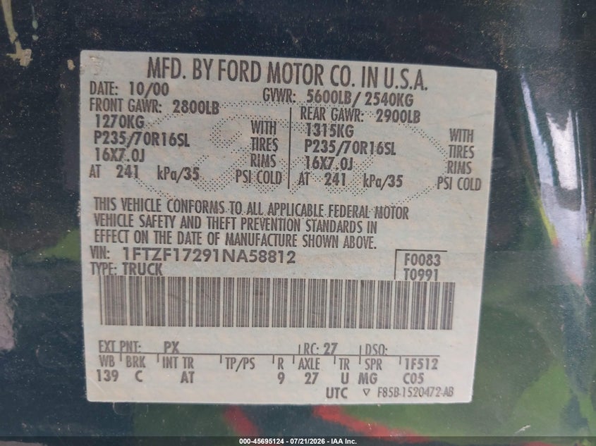 2001 Ford F-150 Xl/Xlt VIN: 1FTZF17291NA58812 Lot: 45695124