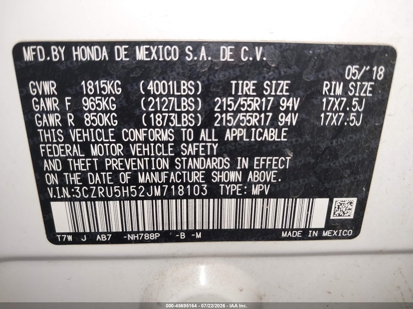 2018 Honda Hr-V Ex VIN: 3CZRU5H52JM718103 Lot: 45695164