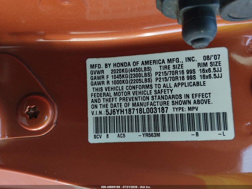 2008 Honda Element Ex VIN: 5J6YH18718L003187 Lot: 45695169