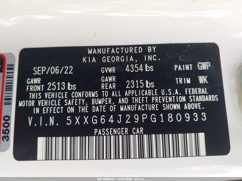 2023 Kia K5 Gt-Line VIN: 5XXG64J29PG180933 Lot: 45695181