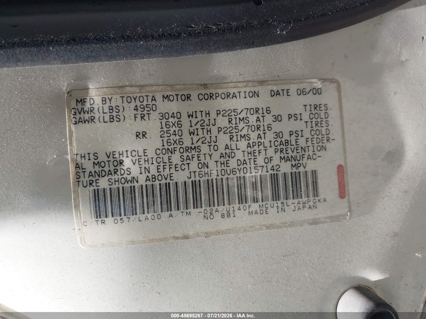 2001 Lexus Rx 300 VIN: JTJHF10U310184858 Lot: 45695267