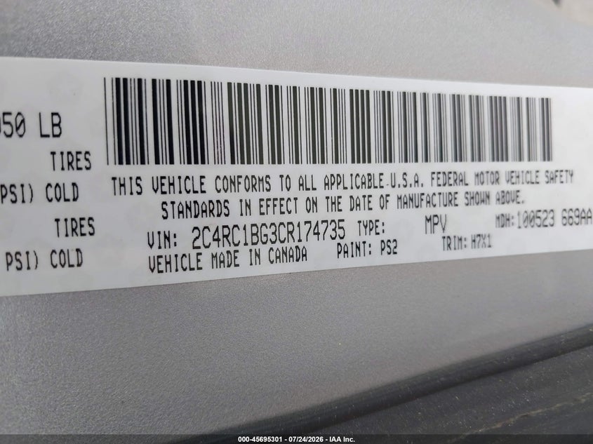 CHRYSLER TOWN & COUNTRY 2012 VIN 2C4RC1BG3CR174735