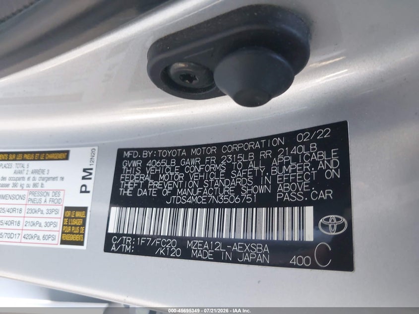2022 Toyota Corolla Se VIN: JTDS4MCE7N3506751 Lot: 45695349