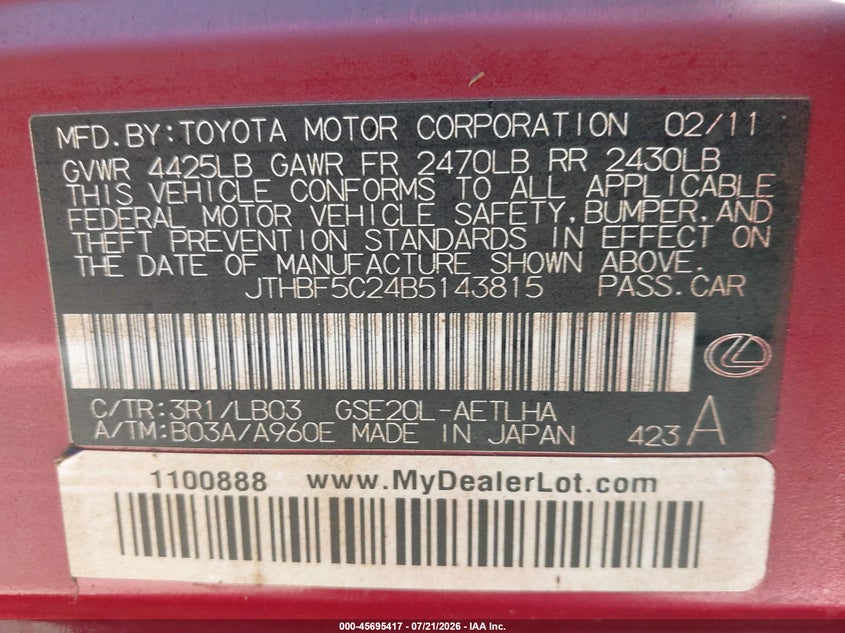 LEXUS IS 250 2011 VIN JTHBF5C24B5143815