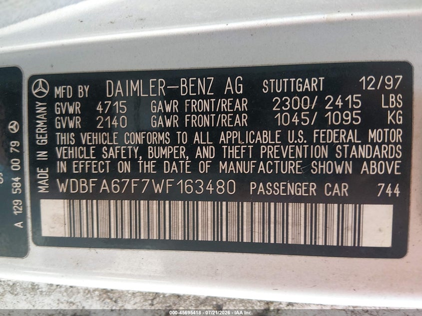 1998 Mercedes-Benz Sl 500 VIN: WDBFA67F7WF163480 Lot: 45695418