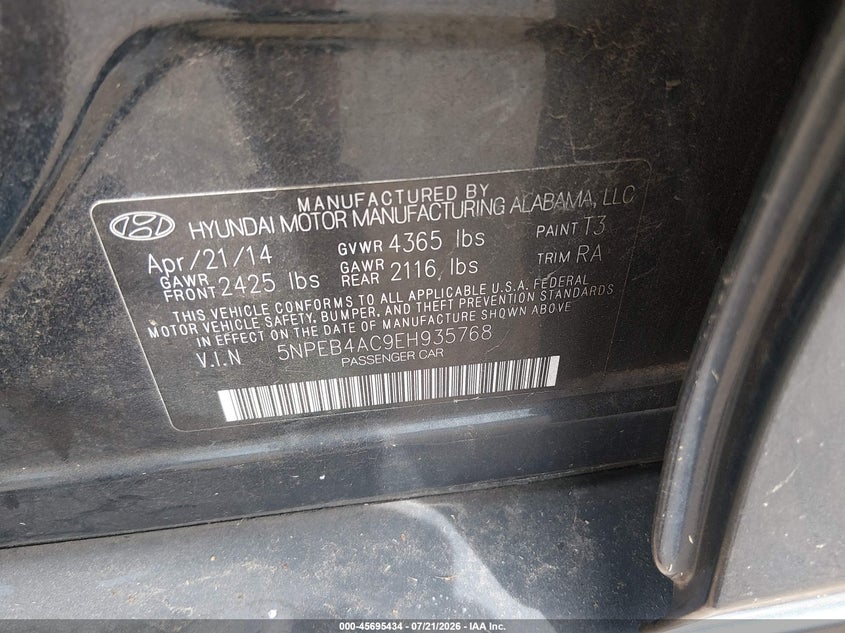 2014 Hyundai Sonata Gls VIN: 5NPEB4AC9EH935768 Lot: 45695434