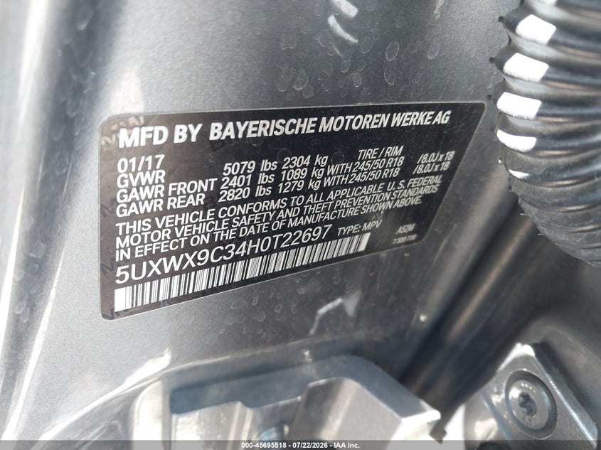 2017 BMW X3 xDrive28I VIN: 5UXWX9C34H0T22697 Lot: 45695518