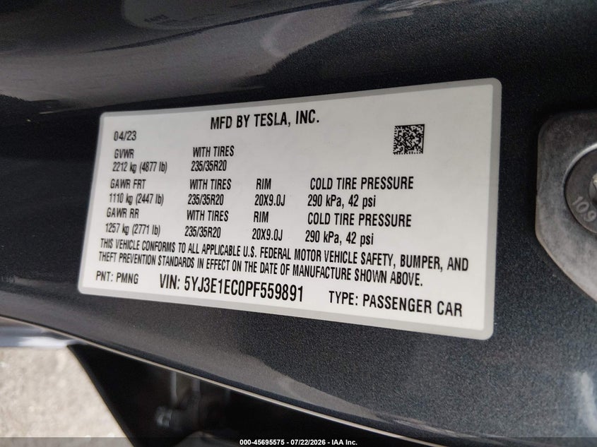 2023 Tesla Model 3 Performance Dual Motor All-Wheel Drive VIN: 5YJ3E1EC0PF559891 Lot: 45695575