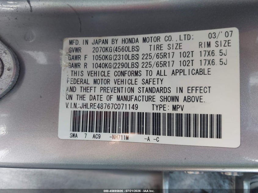 2007 Honda Cr-V Ex-L VIN: JHLRE48767C071149 Lot: 45695606