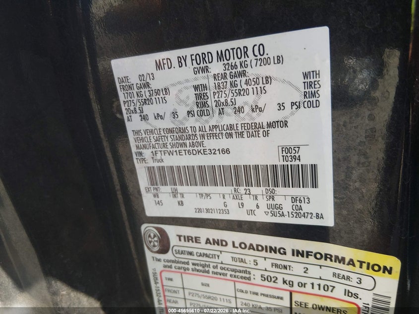 2013 Ford F-150 King Ranch VIN: 1FTFW1ET6DKE32166 Lot: 45695610