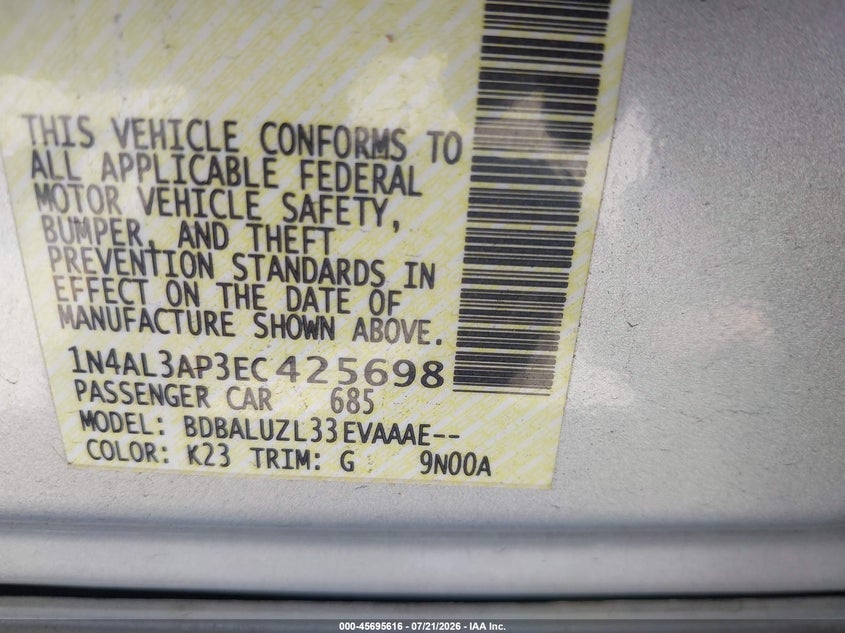 2014 Nissan Altima 2.5 Sv VIN: 1N4AL3AP3EC425698 Lot: 45695616
