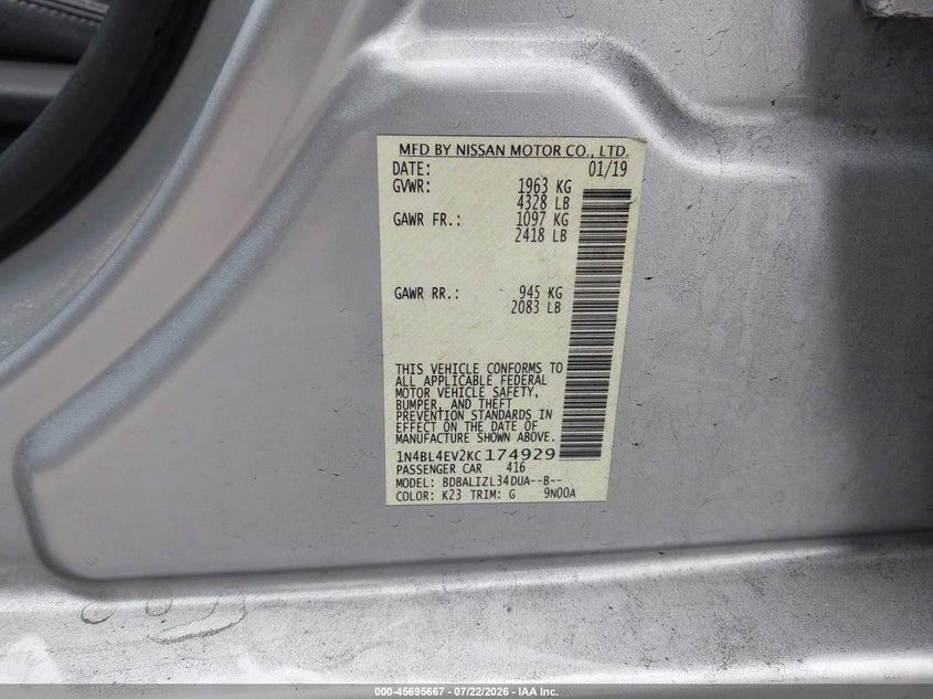 2019 Nissan Altima 2.5 Sl VIN: 1N4BL4EV2KC174929 Lot: 45695667