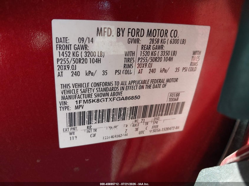 2015 Ford Explorer Sport VIN: 1FM5K8GTXFGA86850 Lot: 45695712