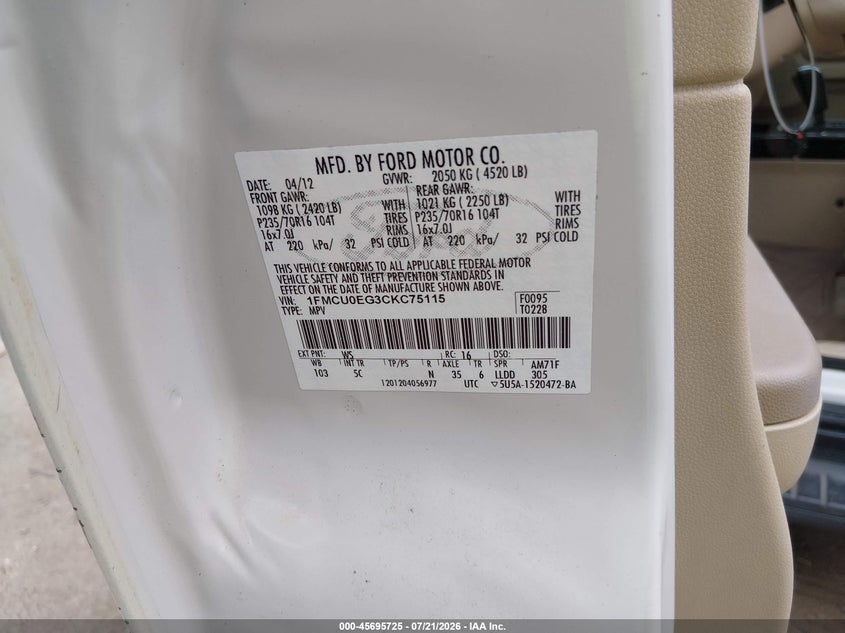2012 Ford Escape Limited VIN: 1FMCU0EG3CKC75115 Lot: 45695725