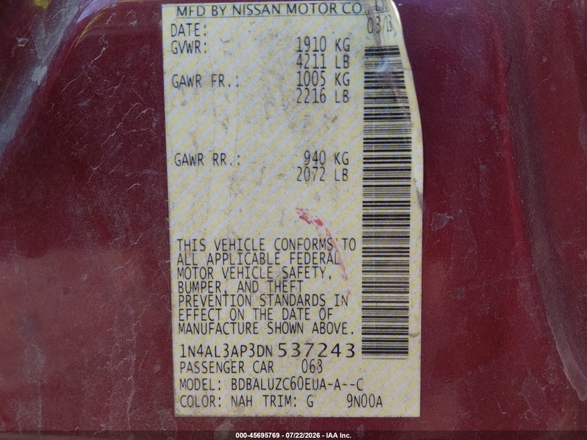 2013 Nissan Altima 2.5 Sv VIN: 1N4AL3AP3DN537243 Lot: 45695769