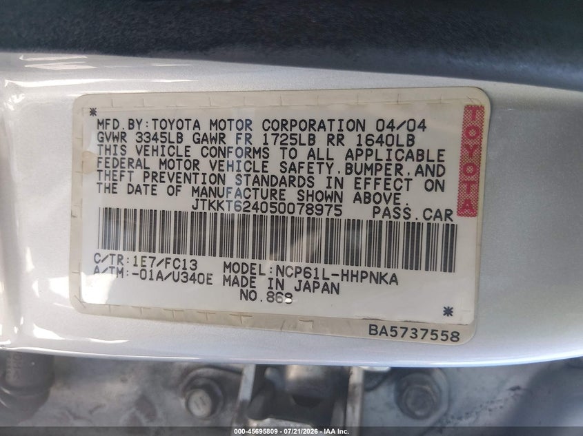 2005 Scion Xa VIN: JTKKT624050078975 Lot: 45695809