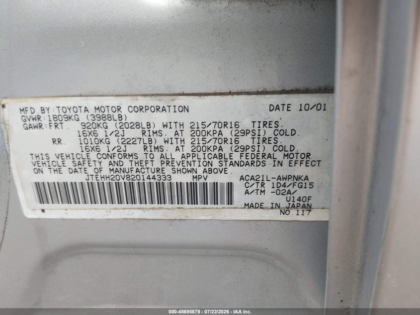 2002 Toyota Rav4 VIN: JTEHH20V820144333 Lot: 45695879