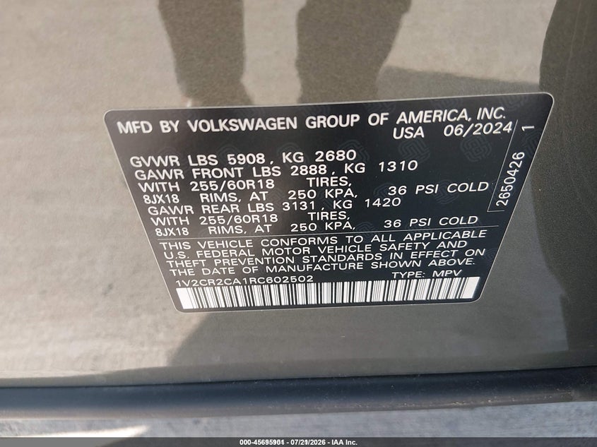2024 Volkswagen Atlas 2.0T Peak Edition Se W/Technology VIN: 1V2CR2CA1RC602502 Lot: 45695901