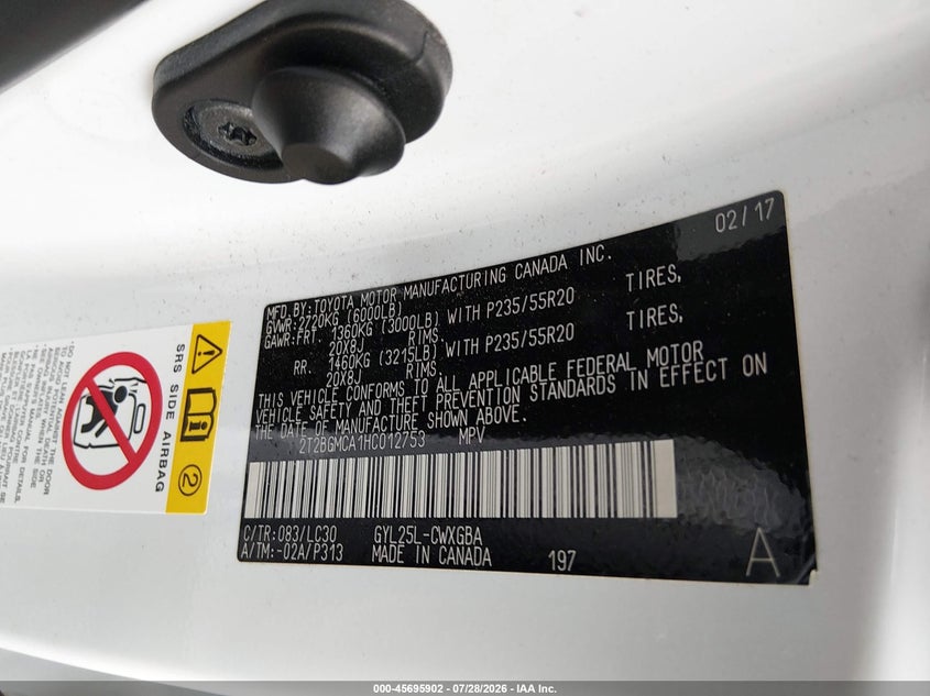 LEXUS RX 450H 2017 VIN 2T2BGMCA1HC012753