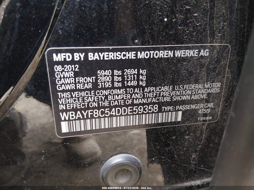 2013 BMW 750Li xDrive VIN: WBAYF8C54DDE59358 Lot: 45695914