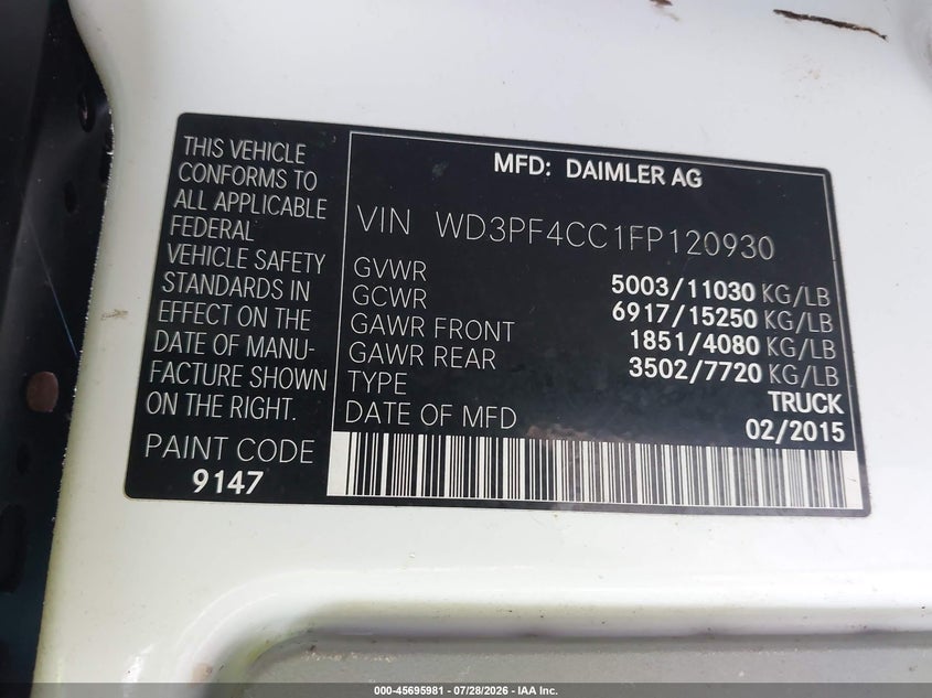 2015 MERCEDES-BENZ SPRINTER 3500 auction photo 8