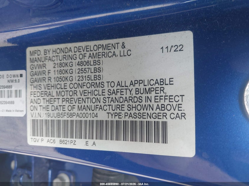 2023 Acura Tlx A-Spec Package VIN: 19UUB5F58PA000104 Lot: 45695990