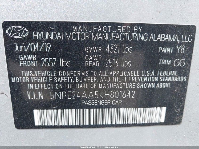 2019 Hyundai Sonata Eco VIN: 5NPE24AA5KH801642 Lot: 45696000