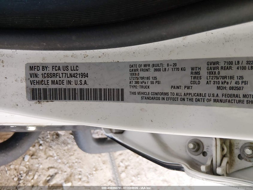 RAM 1500 2020 VIN 1C6SRFLT7LN421994