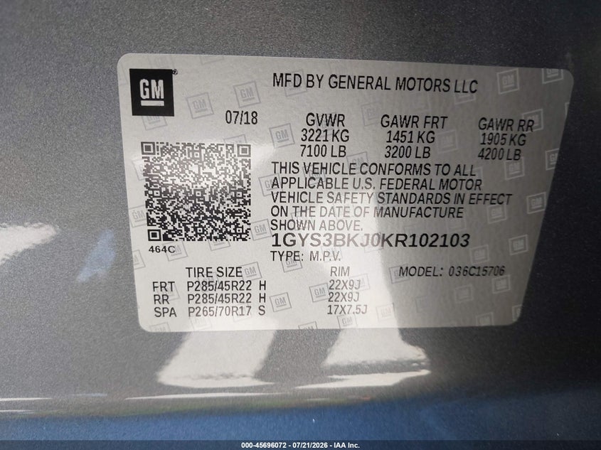 2019 Cadillac Escalade Luxury VIN: 1GYS3BKJ0KR102103 Lot: 45696072