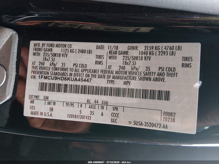 2019 Ford Escape Sel VIN: 1FMCU9HD6KUA45447 Lot: 45696087