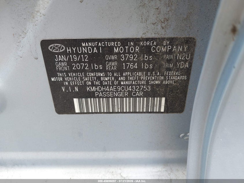 2012 Hyundai Elantra Limited (Ulsan Plant) VIN: KMHDH4AE9CU432753 Lot: 45696097