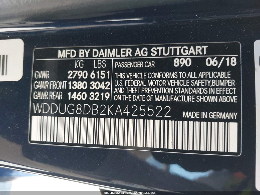 2019 Mercedes-Benz S 560 VIN: WDDUG8DB2KA425522 Lot: 45696124