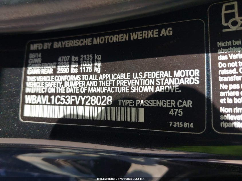 2015 BMW X1 xDrive28I VIN: WBAVL1C53FVY28028 Lot: 45696166