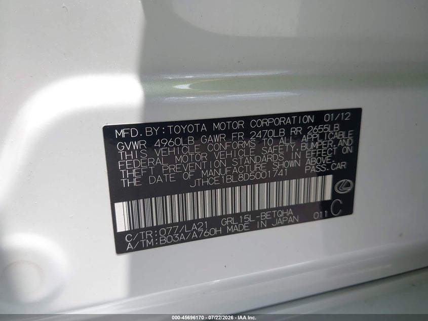2013 Lexus Gs 350 VIN: JTHCE1BL8D5001741 Lot: 45696170