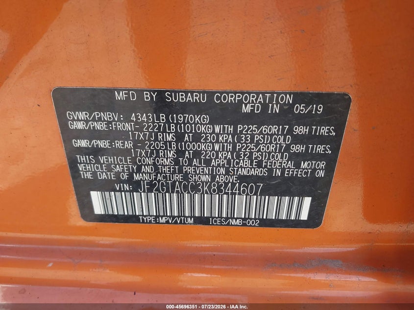 2019 SUBARU XV SPORT UTILITY VEHICLE 2.0L H-4 DI, DOHC, VVT, 152HP