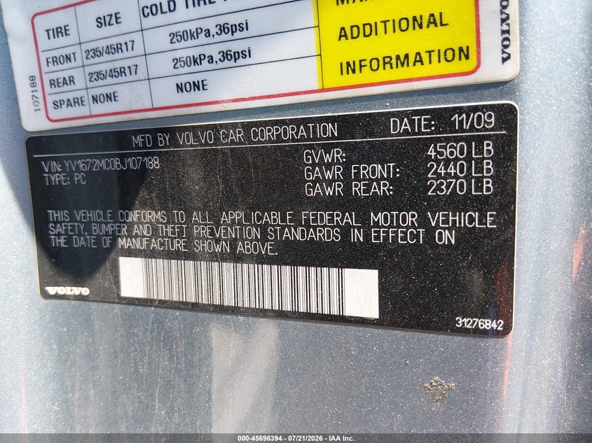 2011 Volvo C70 T5 (Retail Only) VIN: YV1672MC0BJ107188 Lot: 45696394