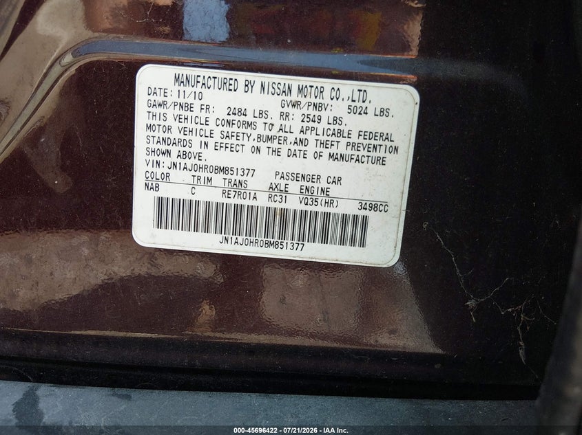 2011 Infiniti Ex35 Journey VIN: JN1AJ0HR0BM851377 Lot: 45696422
