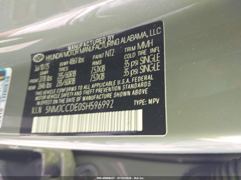 HYUNDAI TUCSON 2025 VIN 5NMJCCDE0SH596992