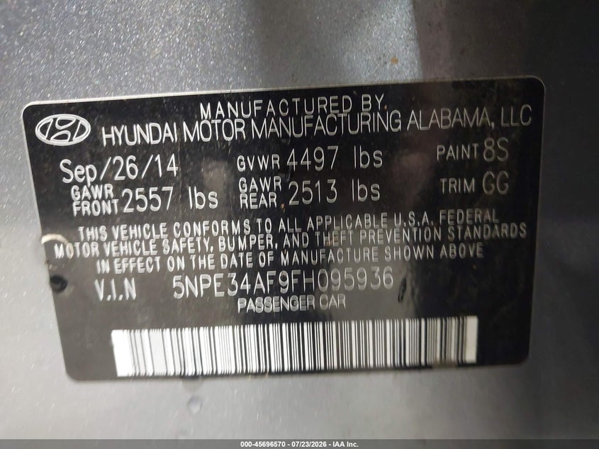 HYUNDAI SONATA 2015 VIN 5NPE34AF9FH095936