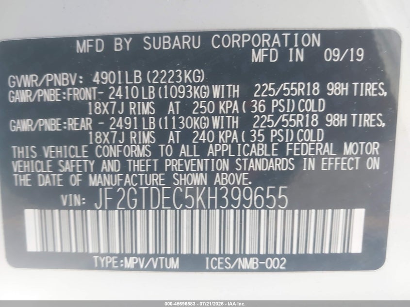 2019 Subaru Crosstrek Hybrid VIN: JF2GTDEC5KH399655 Lot: 45696583
