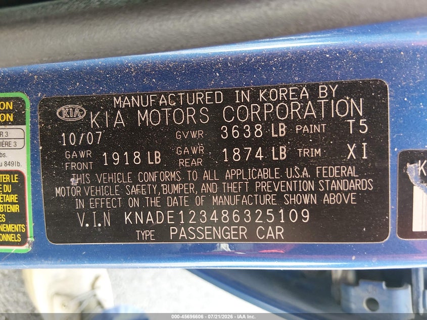 2008 Kia Rio Lx VIN: KNADE123486325109 Lot: 45696606