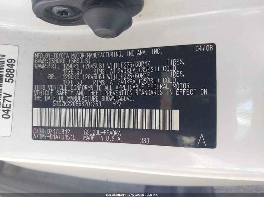 2008 TOYOTA SIENNA auction photo 8
