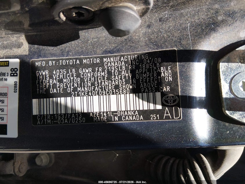 2009 Toyota Matrix S VIN: 2T1KE40E09C015680 Lot: 45696725