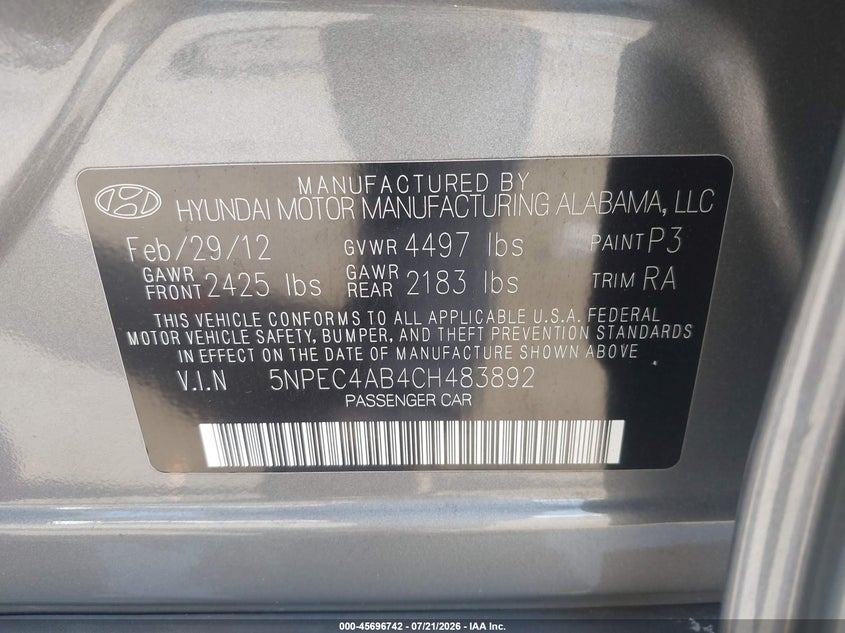 2012 Hyundai Sonata Limited 2.0T VIN: 5NPEC4AB4CH483892 Lot: 45696742