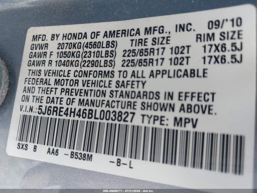 2011 Honda Cr-V Se VIN: 5J6RE4H46BL003827 Lot: 45696771