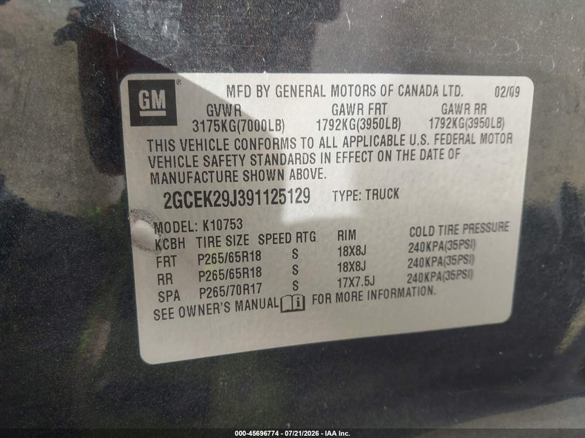 2009 Chevrolet Silverado 1500 Lt VIN: 2GCEK29J391125129 Lot: 45696774