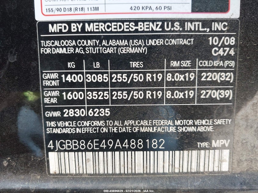 2009 Mercedes-Benz Ml 350 4Matic VIN: 4JGBB86E49A488182 Lot: 45696829