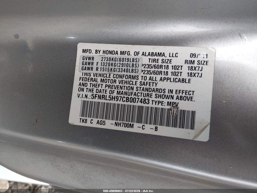 HONDA ODYSSEY 2012 VIN 5FNRL5H97CB007483